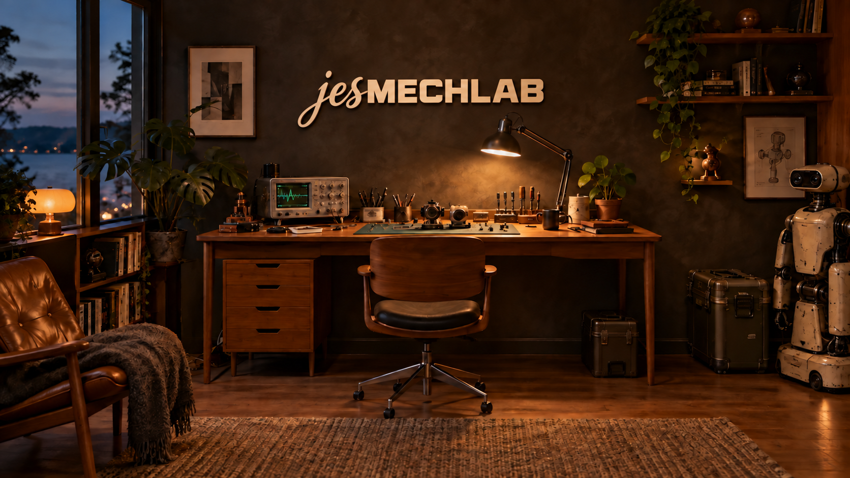 A cozy Danish teak robotics workshop with a proper workbench, task chair, warm lamps, and jesmechlab lettering centered on the wall.